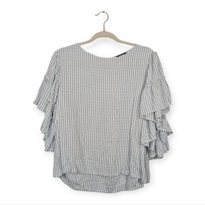 Premise Ruffle Sleeve Blouse M Blue White Stripe Feminine Workwear Casual